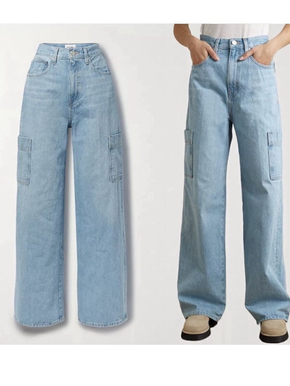FRAME High Rise Baggy Pocket Cargo Jeans Wide Leg in Genoa Light Wash 25